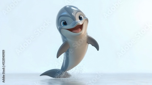A cute cartoon dolphin jumping happily with a big smile on a white background.