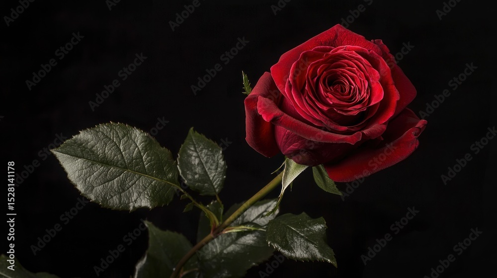 Naklejka premium A single red rose against a black background. The flower concept of romance and beauty. The image emphasizes the vibrant color and delicate petals.
