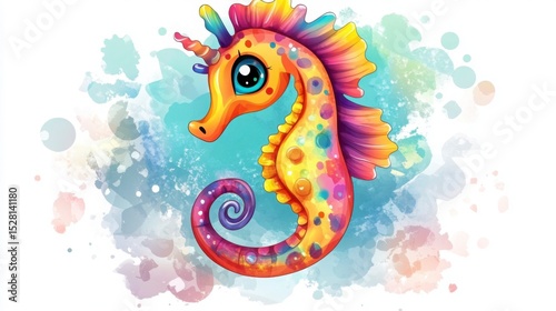 A cute cartoon seahorse with a curly tail and bright colors.