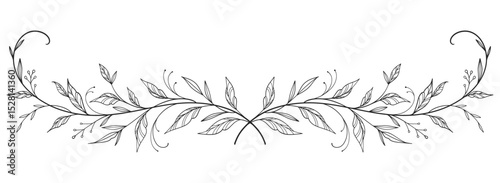 floral leaves line art isolated on white background. Divider doodle leaf and flowers, nature border decorative element vector illustration