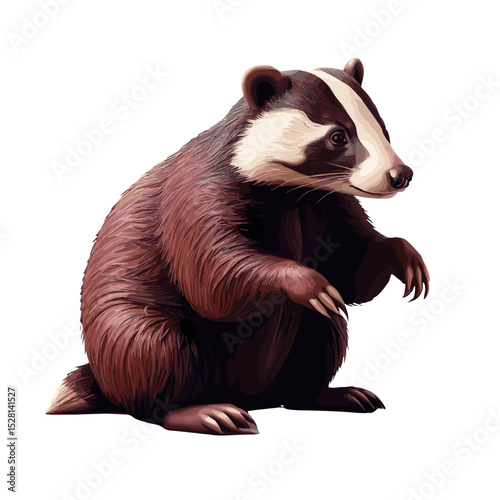 Realistic badger standing on hind legs with detailed fur on a white background for wildlife and nature concepts