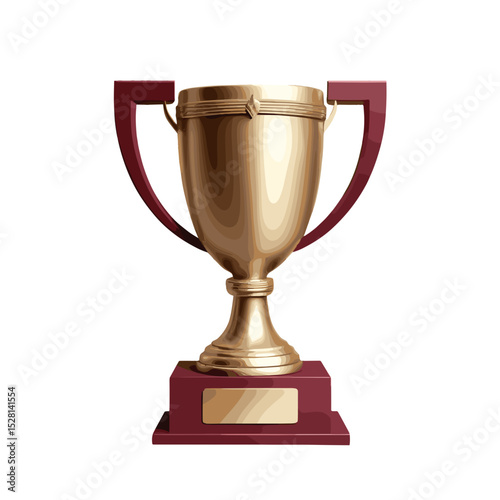 Golden winner trophy on a red base with a blank plate for engraving on a white background