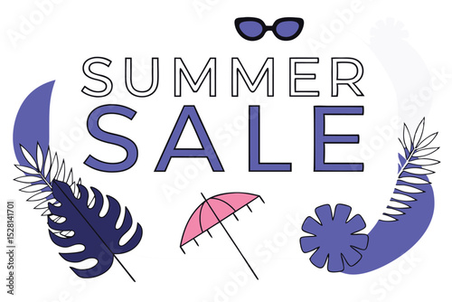 Tropical fern leaves and refreshing drink summer sale design illustration