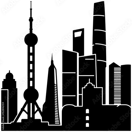 A black silhouette illustration of the Shanghai skyline.