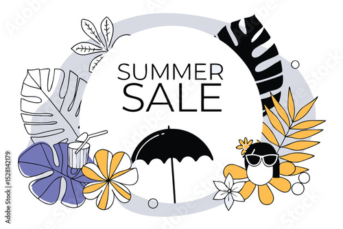 Tropical fern leaves and refreshing drink summer sale illustration