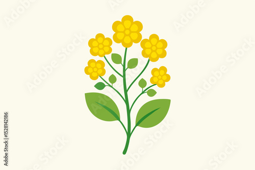 Botanical illustration of mustard plant with yellow flowers, green leaves, black and yellow mustard seeds, and seed pods. Herbal and culinary-themed flat lay design on a white background, ideal for ed