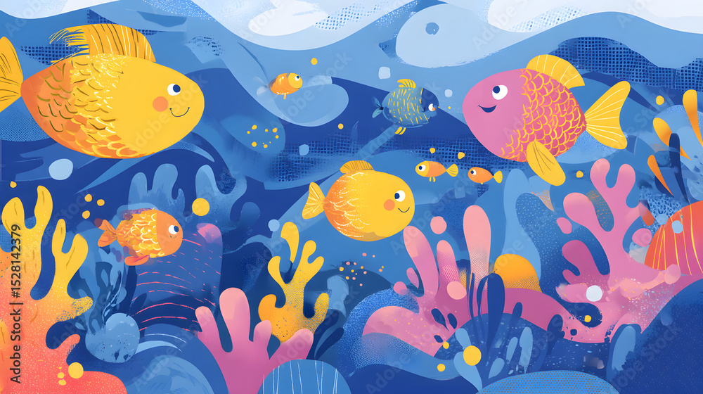 Obraz premium Childrens underwater cartoon world flat illustration