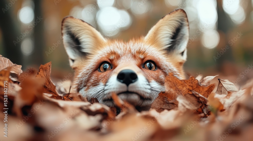 Fototapeta premium A close up view of a fox peering through fallen autumn leaves, capturing a moment of wildlife interaction with nature in a serene and artistic setting.