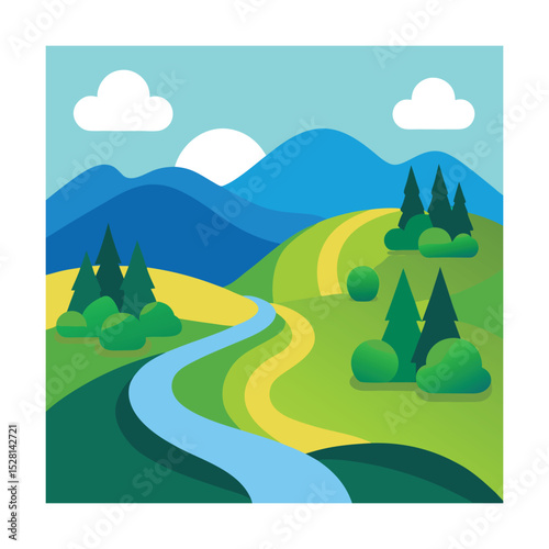 Flat vector rolling hills with winding river and trees