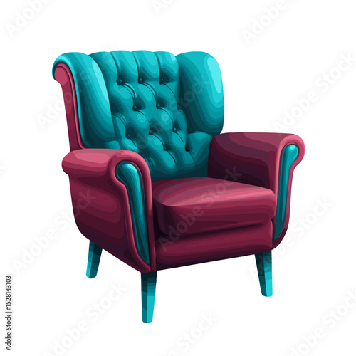 Elegant armchair with tufted design in burgundy and turquoise on a white background for modern interior decor