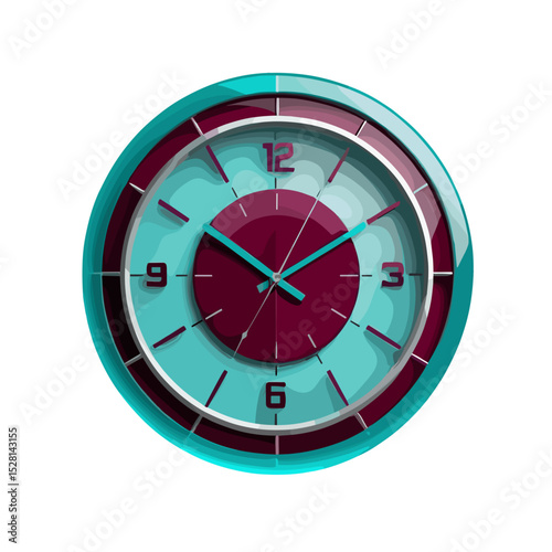 Modern clock with turquoise and burgundy design on a white background for home decor and time management