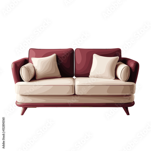Stylish burgundy and cream sofa with cushions for modern interior design on a white background
