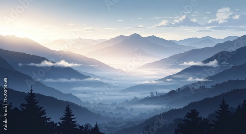 Misty Mountain Landscape with Subtle Sunlight and Cloud Inversion Layers