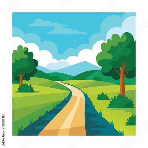 Flat vector rural path along riverbank with greenery