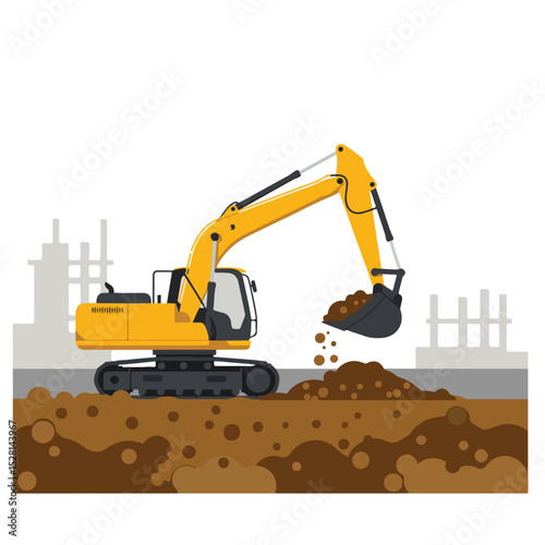A yellow excavator is digging up brown dirt at a construction site, with some gray building structures visible in the background.