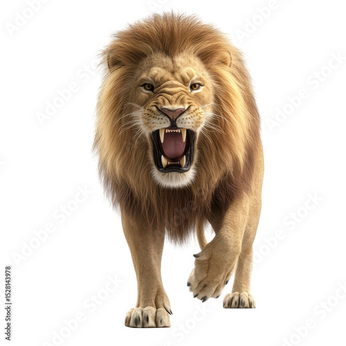Powerful lion walking with a fierce expression in natural habitat during daylight hours