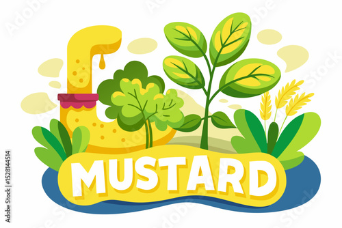 Botanical illustration of mustard plant with yellow flowers, green leaves, black and yellow mustard seeds, and seed pods. Herbal and culinary-themed flat lay design on a white background, ideal for ed