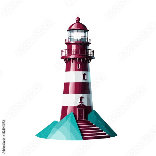 Stylish lighthouse with red and white stripes on a white background