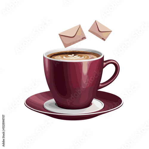 Elegant coffee cup with latte art and floating envelopes on a white background
