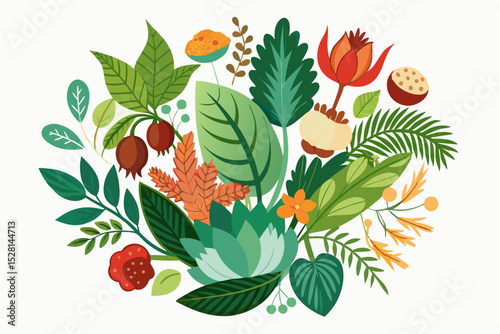 Botanical illustration of mustard plant with yellow flowers, green leaves, black and yellow mustard seeds, and seed pods. Herbal and culinary-themed flat lay design on a white background, ideal for ed