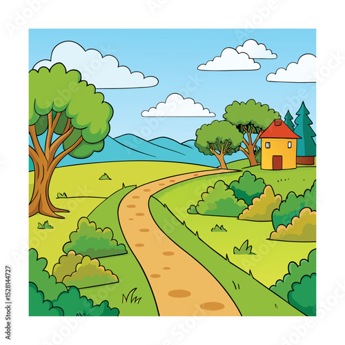 Flat vector rural path along riverbank with greenery