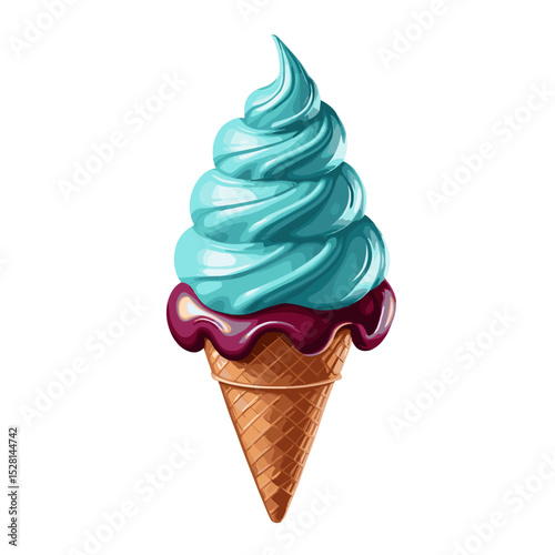 Delicious soft serve ice cream topped with a chocolate swirl in a waffle cone on a white background