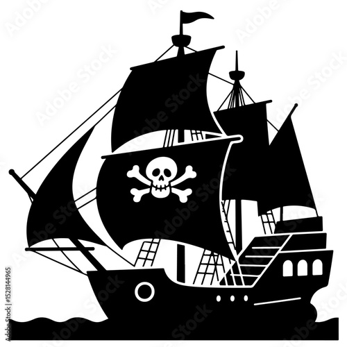 A pirate galleon with a skull and crossbones on its sail, illustrated in a black silhouette style.