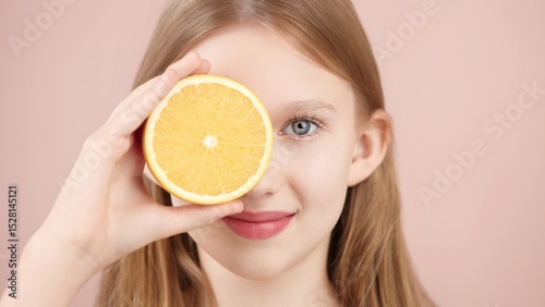 Portrait of a cheerful smiling blonde posing in studio holding half an orange in front of her eyes on a pink background. Gen Alpha skincare ads. Hair care products for teenagers, children. Copy space