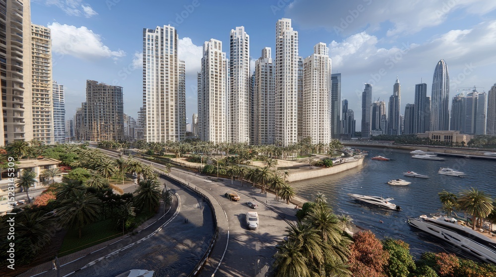 Obraz premium Cityscape with modern high-rise buildings, a canal, and yachts.