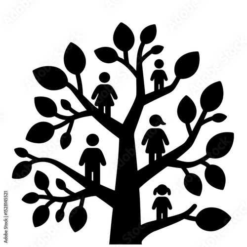 A black silhouette illustration of a family tree with figures representing family members.