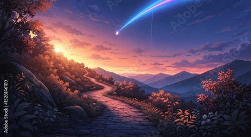 Serene mountain trail under a vibrant sunset and a radiant celestial comet