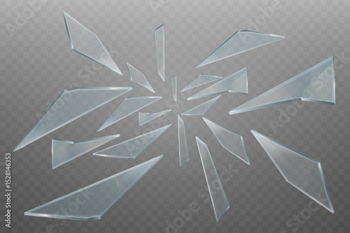 Shards of clear glass fly across a transparent background with realistic sharp edges and light reflections.