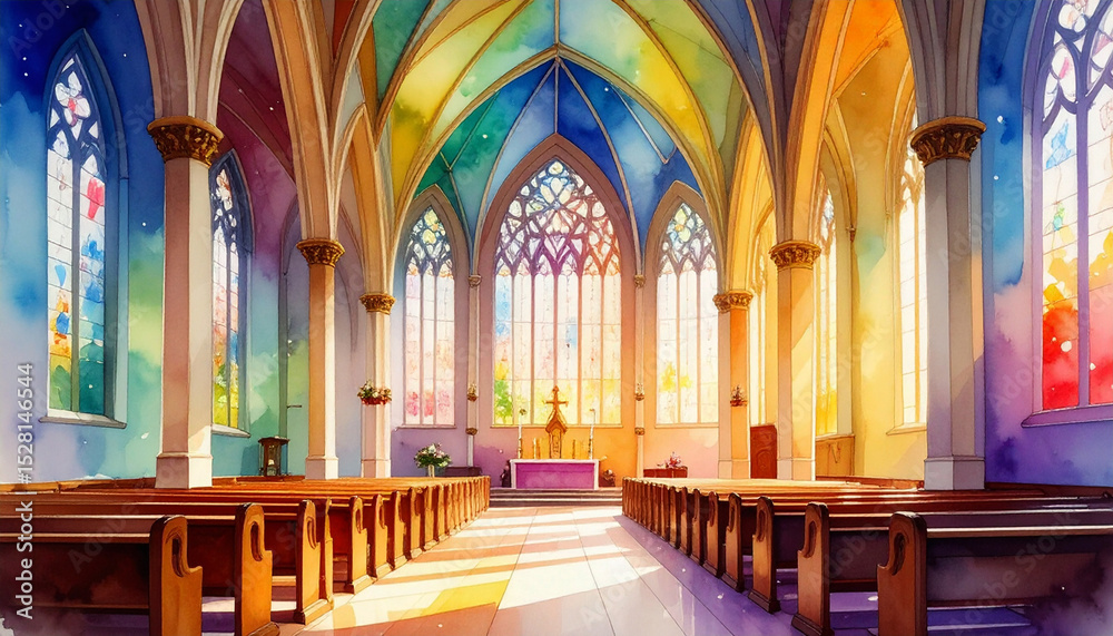 Fototapeta premium Watercolor interior of a bright cathedral with stained glass windows and wooden pews. Sunlight pours in, creating a serene and sacred atmosphere, church interior