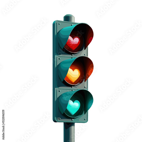 Creative traffic light with heart-shaped signals on a white background