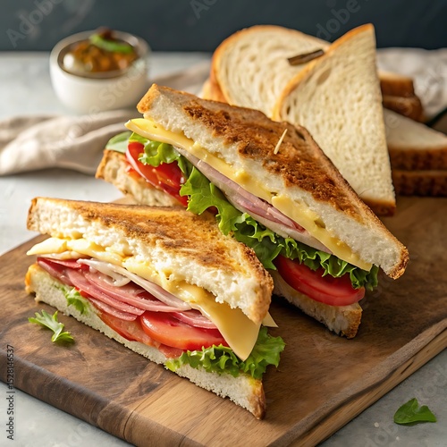 Delicious grilled sandwiches featuring ham cheese tomato and lettuce displayed on wooden board