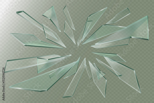 Realistic broken glass and fragments. On a transparent background.