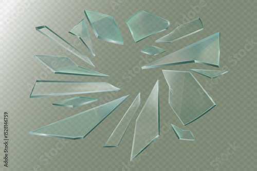 Realistic broken glass and fragments. On a transparent background.