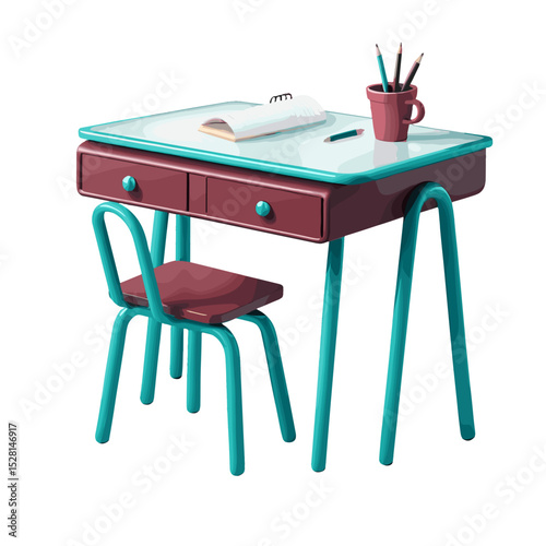 Colorful children's study desk with a chair and stationery on a white background