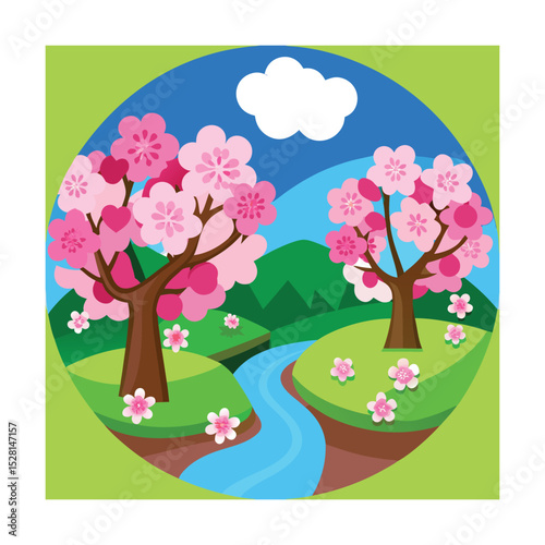 Spring Landscape with Cherry Blossom Trees and River – Flat Design

