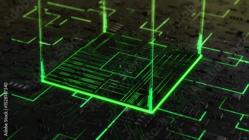 Technology Background Animation CPU Futuristic Circuit. 3D Visualization AI Processor Power. Colorful Blue and Green Digitalization Process. Data Transmission in Board Chip Virtual Computer.