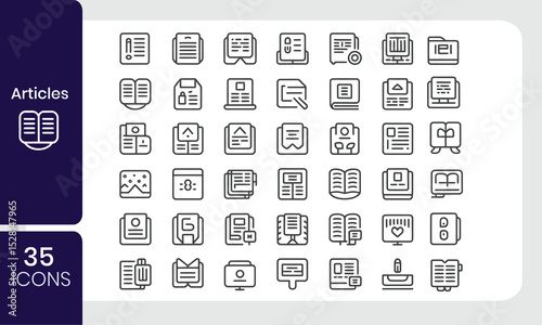Collection of thirty-five outline icons representing articles and documents for various applications