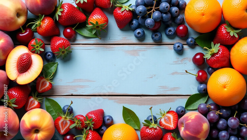 Top view of a rustic wooden background framed with vibrant summer fruits in rich, warm colors. Ideal for seasonal food, harvest, and healthy lifestyle themes.