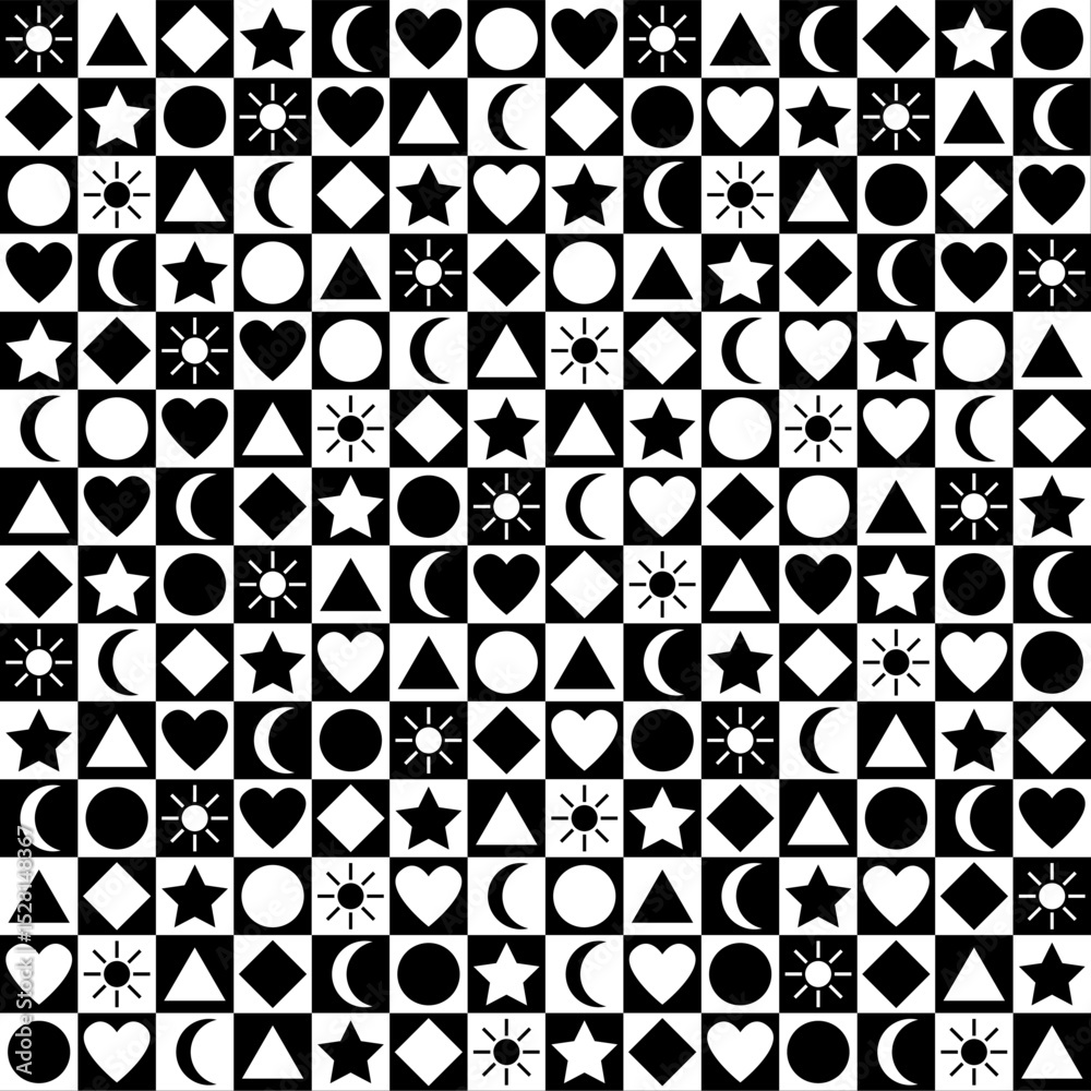 Obraz premium Black and white seamless pattern. Checkerboard pattern with simple shapes and symbols: sun, moon, star, circle, triangle, diamond, heart. Vector background. 