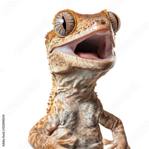Crested gecko with an open mouth shows its tongue, throat, and detail in the eyes against a white background