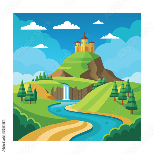 Flat vector view of hilltop with river flowing below