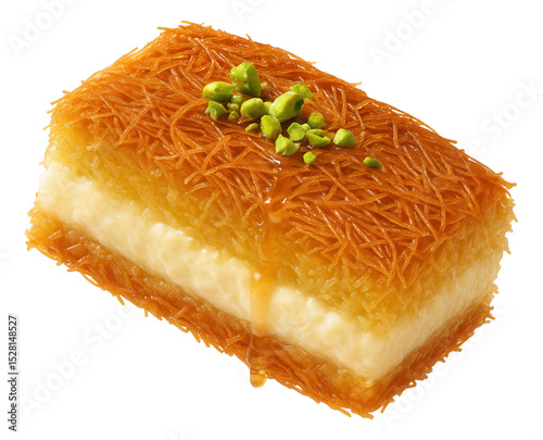 Delicious piece of traditional Middle Eastern kunafa dessert topped with chopped pistachios and drizzled with syrup on transparent background.