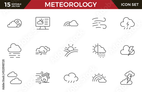 Set of outline icons related to weather. Linear icon collection. Editable stroke. Vector illustration.