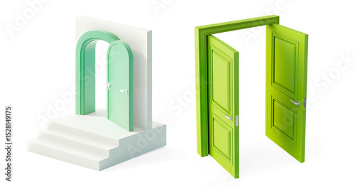 3D Vibrant Green Door Slightly Ajar on a Transparent Background