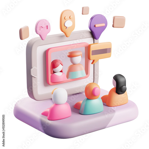 3d Online meeting icon. Minimal Online conference video meeting icon on a Transparent Background
