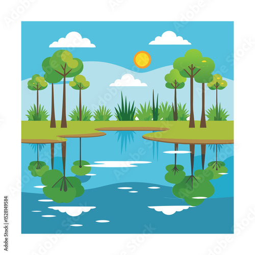 Flat vector wetlands with trees and reflective water
